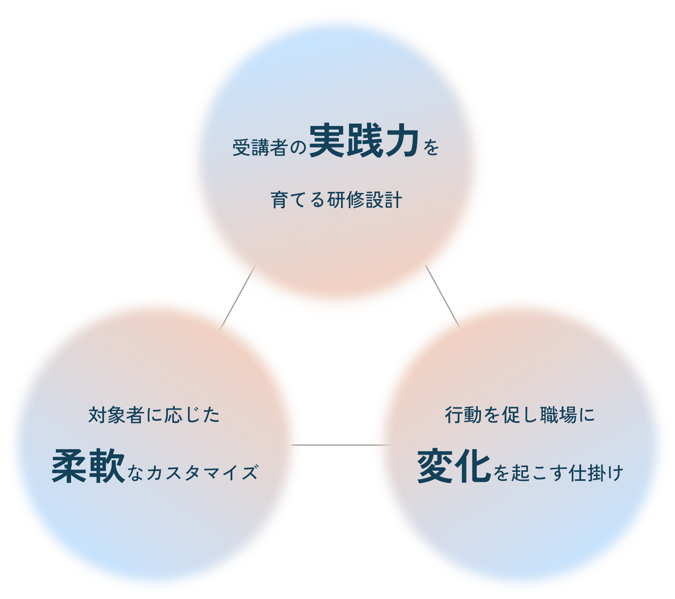 受講者の実践力を育てる研修設計、対応車に応じた柔軟なカスタマイズ、行動を促し職場に変化を起こす仕掛け